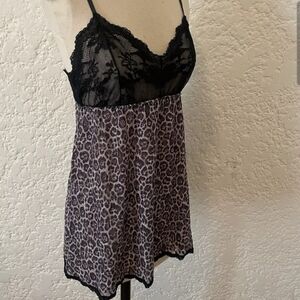 Hanky Panky Black Lace Babydoll Slip Animal Print Leopard Chemise Size S